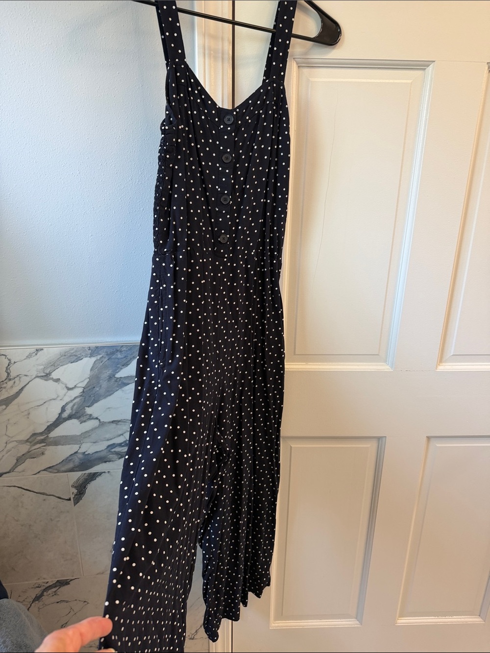 LOFT Navy Blue Polka Dot Wide-Leg Jumpsuit w/4 buttons on front & ruched back